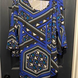 Avenue Blue and Black Geometric Women’s Blouse with flared sleeves. Size 18/20
